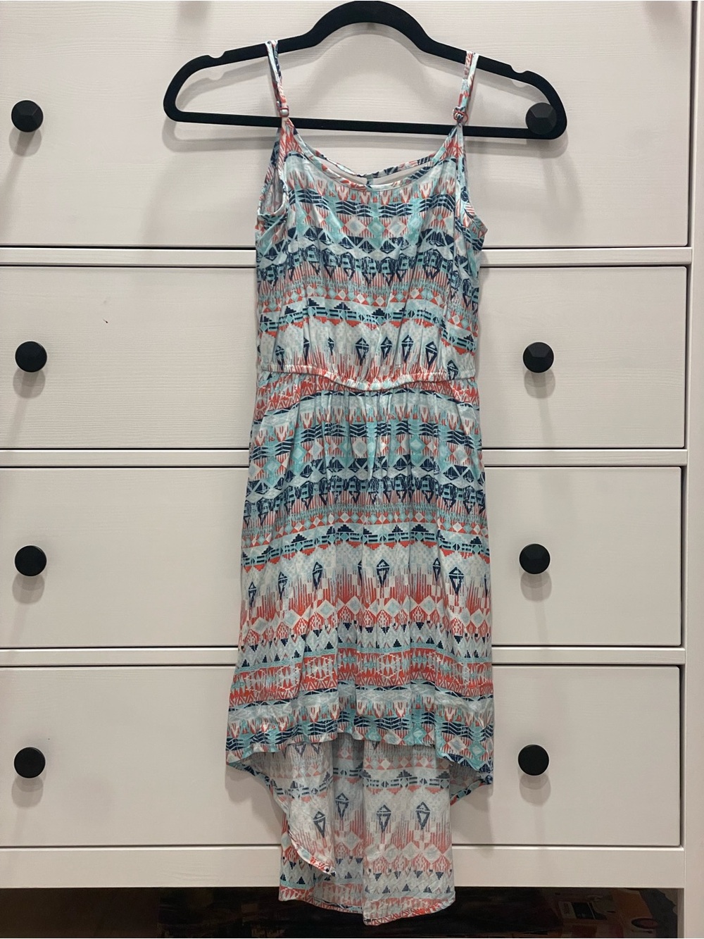 Pink Rose Sleeveless Geometric Print Top - Coral, Aqua & Navy